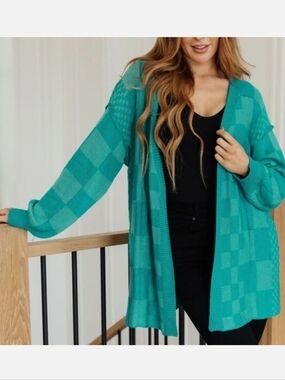 Anniewear Blue Pinky Swear Checkered Print Open Front Cardigan Sweater Top